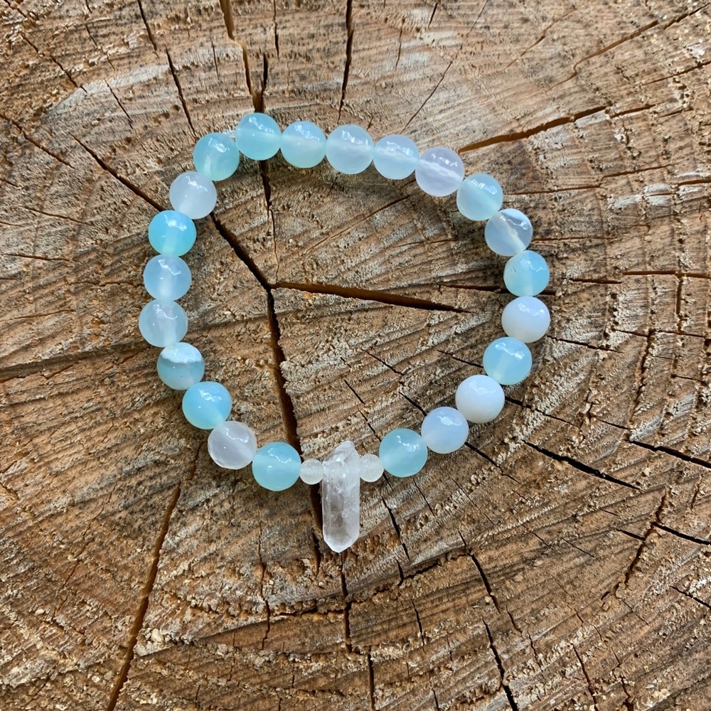 ‘Ocean’ Seafoam Aqua Agate + Clear Quartz Bracelet